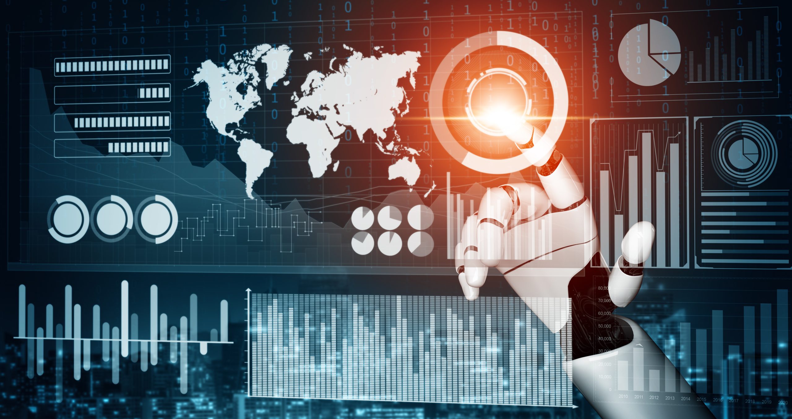 Mano robótica de inteligencia artificial tocando un dashboard de datos de investigación de mercados.
